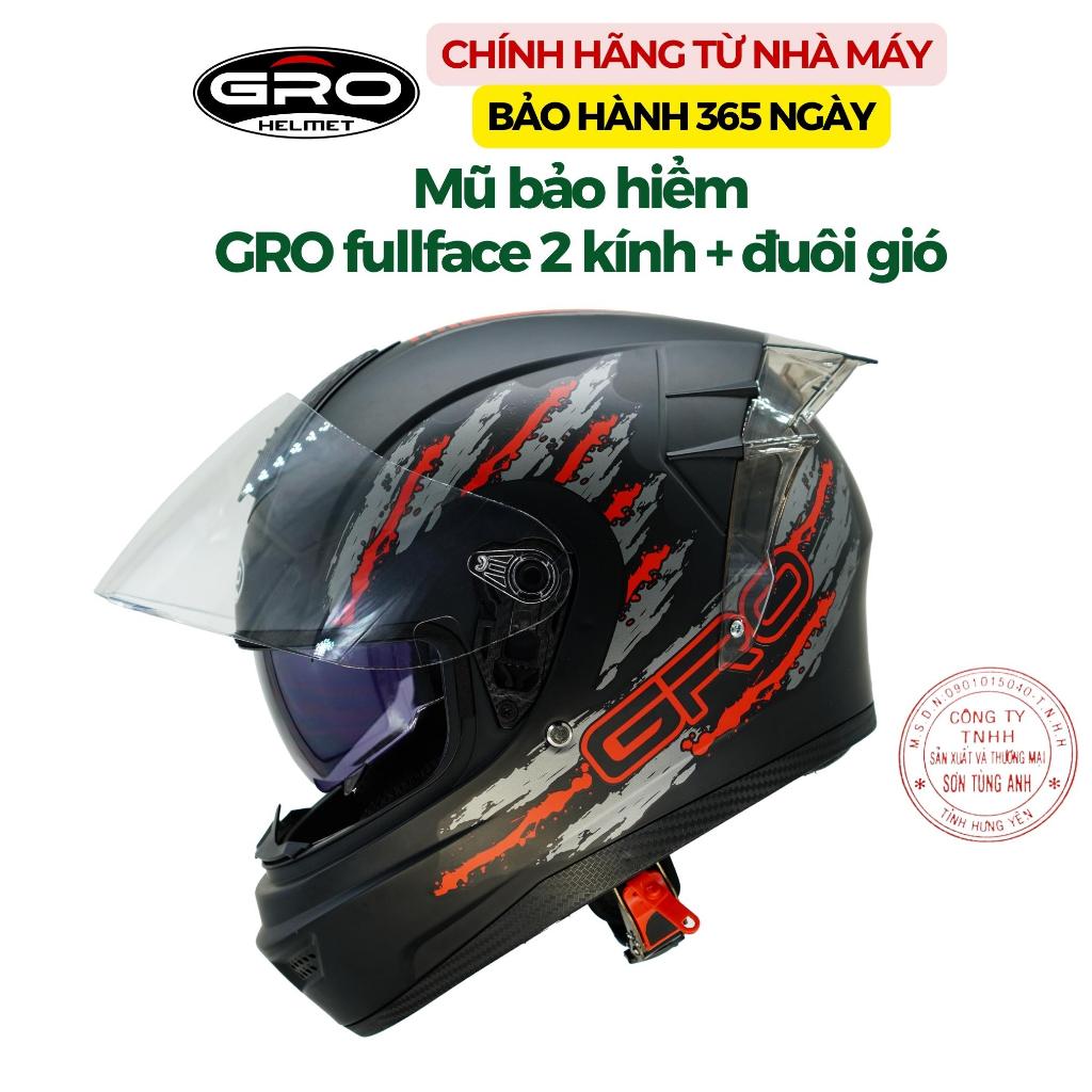 [kèm đuôi gió] Mũ bảo hiểm fullface GRO ST26 chính hãng, thiết kế 2 kính, thể thao, cả cằm, trùm đầu, nhiều màu