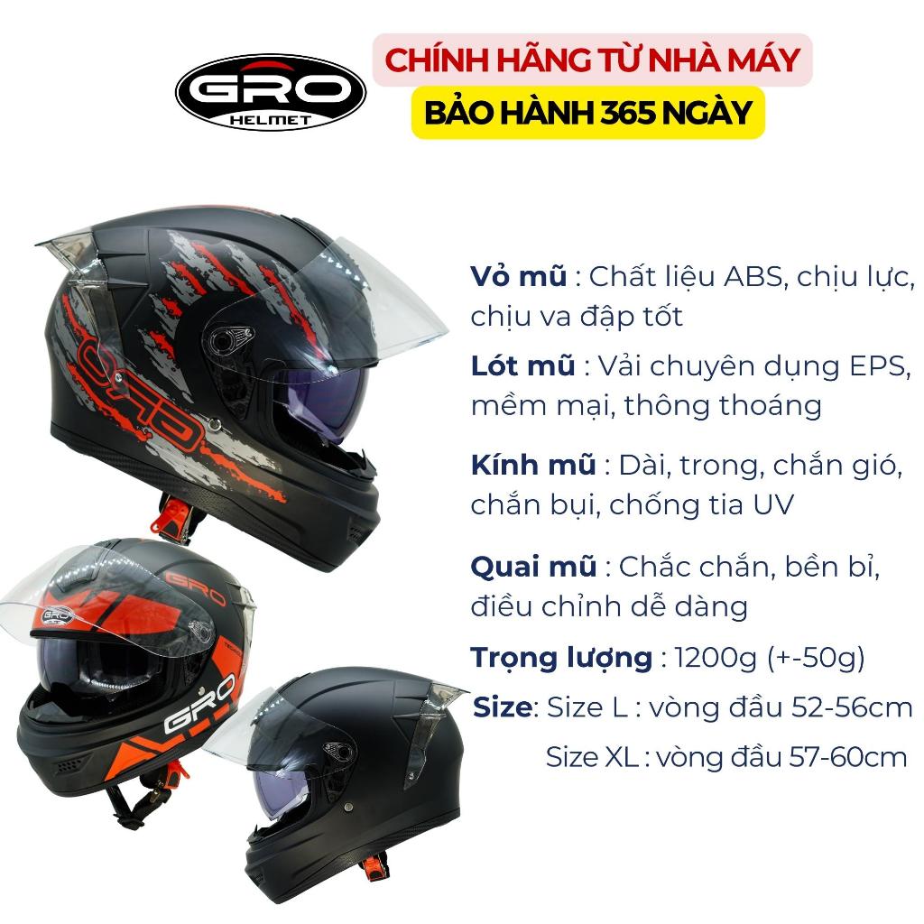 [kèm đuôi gió] Mũ bảo hiểm fullface GRO ST26 chính hãng, thiết kế 2 kính, thể thao, cả cằm, trùm đầu, nhiều màu