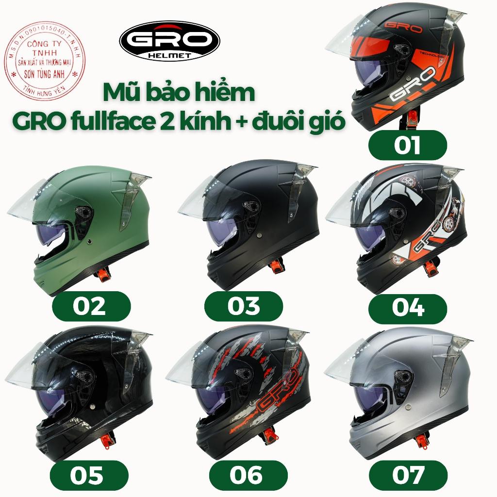 [kèm đuôi gió] Mũ bảo hiểm fullface GRO ST26 chính hãng, thiết kế 2 kính, thể thao, cả cằm, trùm đầu, nhiều màu