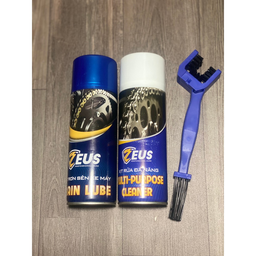 COMBOM  Dưỡng sên Zeus chain Lube 400ml, Rửa sên Zeus Chain Cleaner 400ml tặng kèm chà sên 3D