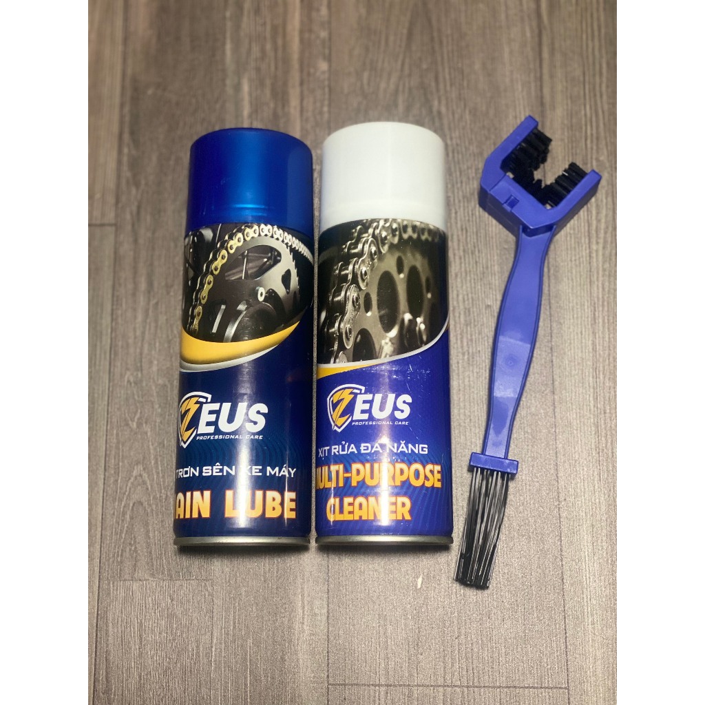 COMBOM  Dưỡng sên Zeus chain Lube 400ml, Rửa sên Zeus Chain Cleaner 400ml tặng kèm chà sên 3D
