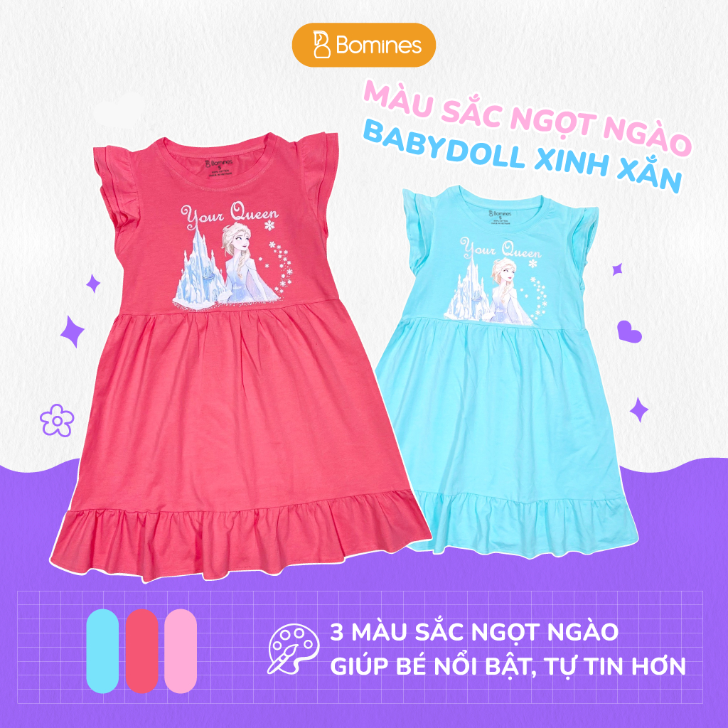 Váy bé gái công chúa Elsa BOMINES babydoll tay cánh tiên 100% cotton cho bé 3-10 tuổi khoảng 12- 30kg DTNBGELSABABYDOLL