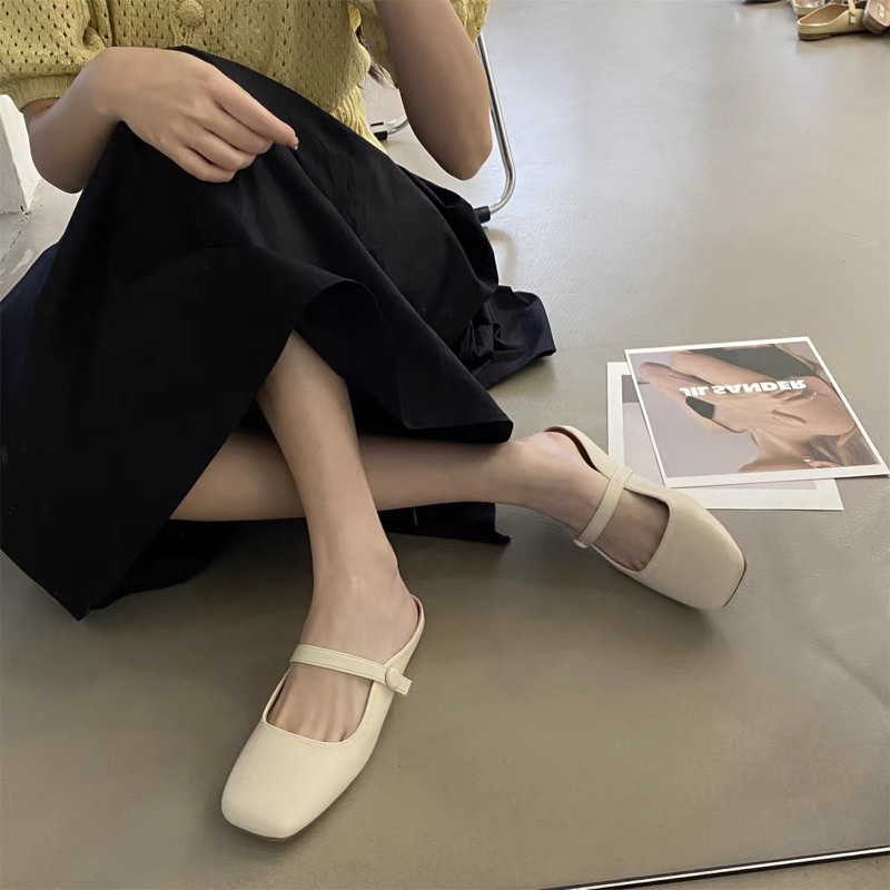 Giày búp bê lười Muller da mềm phong cách tiểu thư,sục nữ bít mũi quai ngang đế bệt Hàn Quốc hàng Quảng Châu cao cấp
