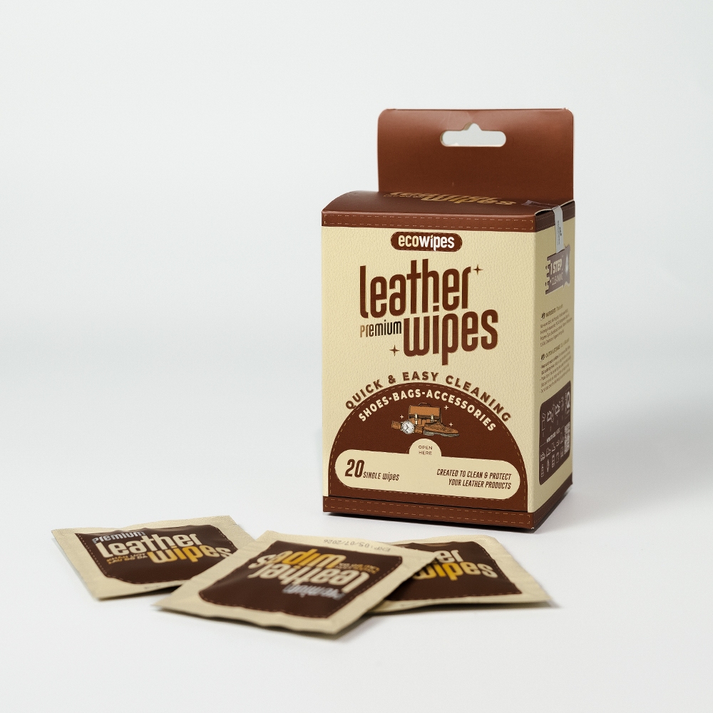 Hộp 20 gói khăn giấy ướt vệ sinh dưỡng bóng giày da túi da ví da Leather EcoWipes travel size gói 1 tờ lau siêu sạch