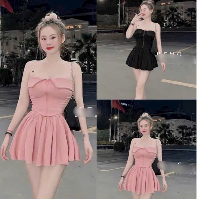 thun gân - set áo ống gấp dây kéo quần đùi xoè xinh