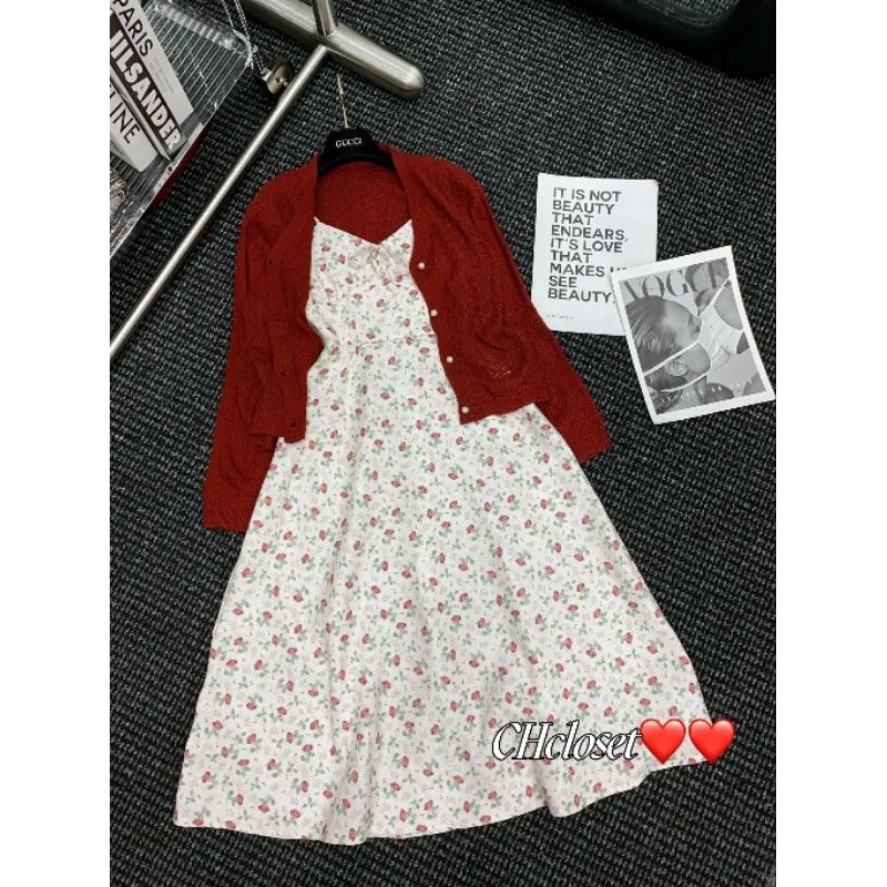 Sét váy 2 dây hoa+áo cadigan hàng QCL1