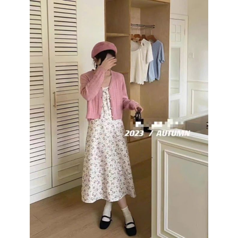 Sét váy 2 dây hoa+áo cadigan hàng QCL1