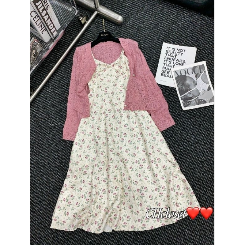 Sét váy 2 dây hoa+áo cadigan hàng QCL1