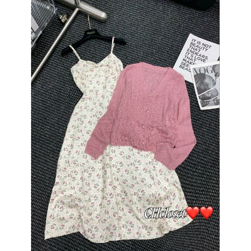 Sét váy 2 dây hoa+áo cadigan hàng QCL1