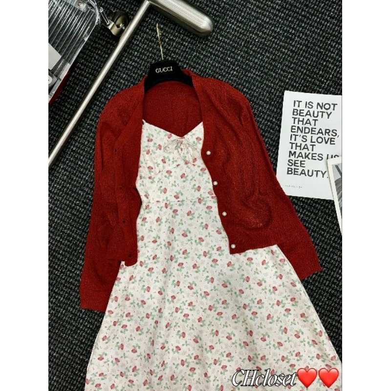 Sét váy 2 dây hoa+áo cadigan hàng QCL1