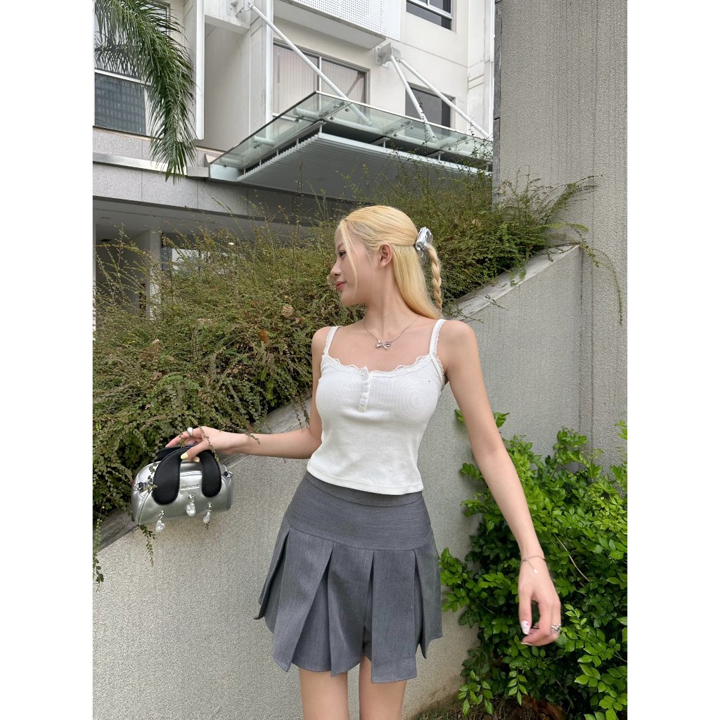 Hebe Top | Áo Hai Dây Cotton Thun Gân Viền Ren Có Nút Mềm Mại Thoáng Mát Thời Trang Pepper Clothing