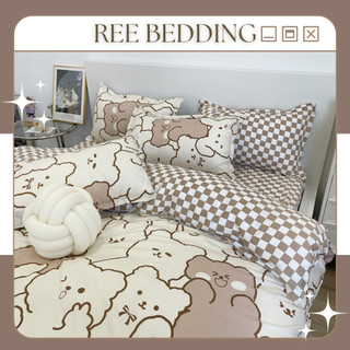 Bộ chăn ga gối poly cotton REE Bedding đủ size giường nệm gấu caro nâu PLC38