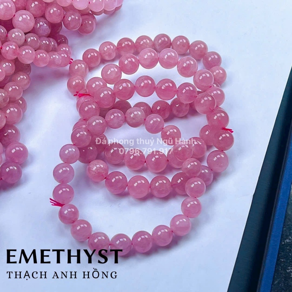 Vòng tay đá thach anh hồng đậm đẹp mịn hàng kiểm định size 10mm kèm hộp