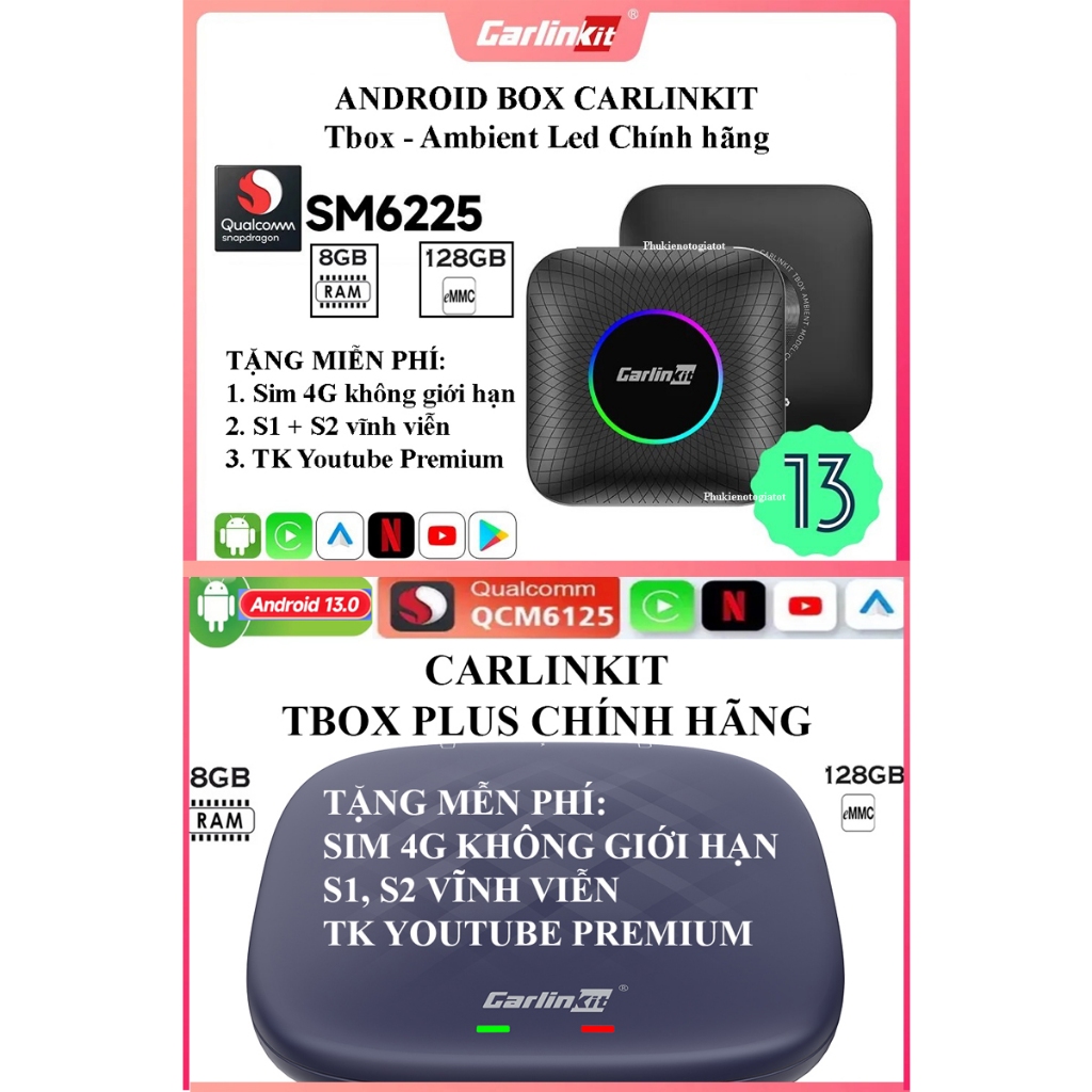 Carplay Android Box ô tô Carlinkit 2024 Tbox Ambient Led 6225, Tbox Plus 6125 tặng Vietmap S2