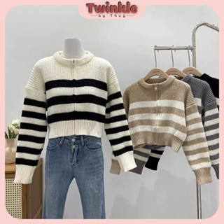 Áo Khoác Len Cardigan Croptop Kéo Khóa Họa Tiết Sọc Ngang Tôn Dáng Thời Trang Nữ