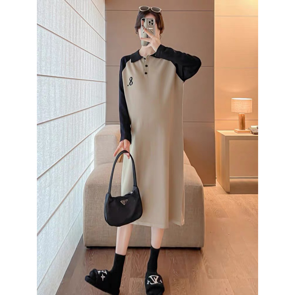 Đầm suông, Váy xuông tay dài in số 8 cổ bẻ phối tay màu dáng rộng xinh xắn hai màu dạo phố