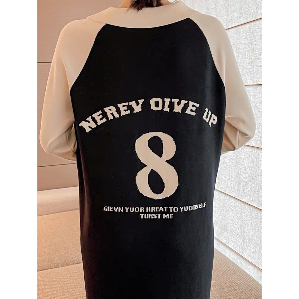 Đầm suông, Váy xuông tay dài in số 8 cổ bẻ phối tay màu dáng rộng xinh xắn hai màu dạo phố