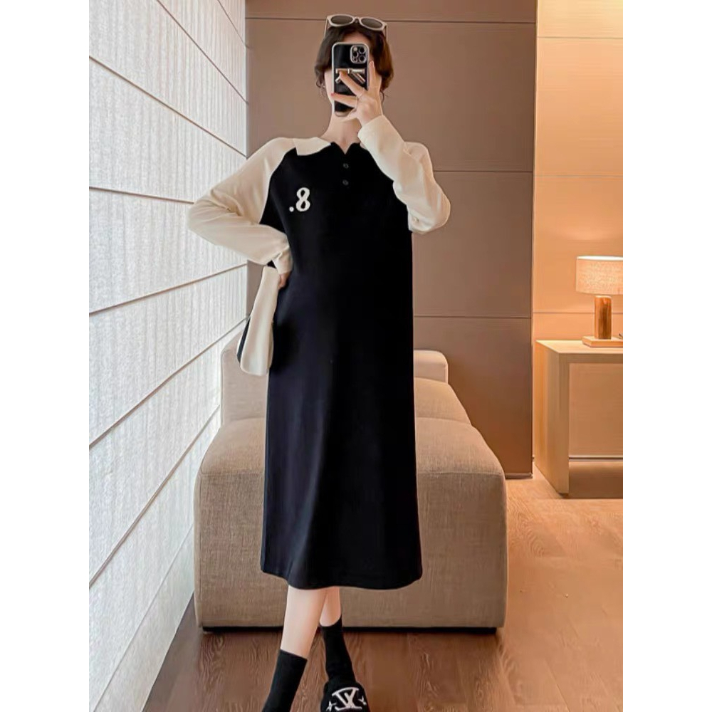 Đầm suông, Váy xuông tay dài in số 8 cổ bẻ phối tay màu dáng rộng xinh xắn hai màu dạo phố