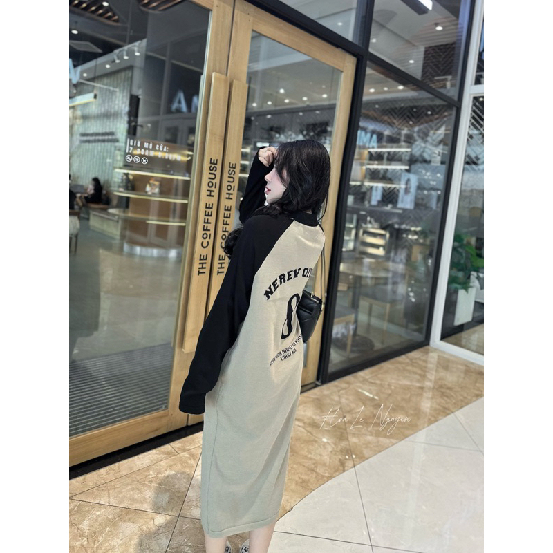 Đầm suông, Váy xuông tay dài in số 8 cổ bẻ phối tay màu dáng rộng xinh xắn hai màu dạo phố