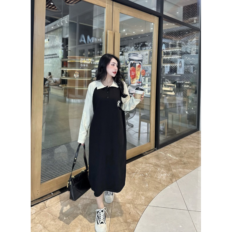 Đầm suông, Váy xuông tay dài in số 8 cổ bẻ phối tay màu dáng rộng xinh xắn hai màu dạo phố