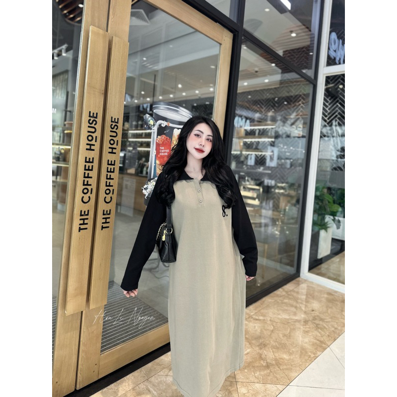 Đầm suông, Váy xuông tay dài in số 8 cổ bẻ phối tay màu dáng rộng xinh xắn hai màu dạo phố