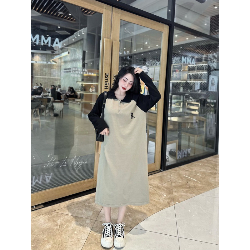Đầm suông, Váy xuông tay dài in số 8 cổ bẻ phối tay màu dáng rộng xinh xắn hai màu dạo phố