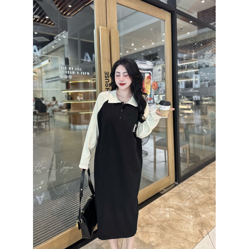 Đầm suông, Váy xuông tay dài in số 8 cổ bẻ phối tay màu dáng rộng xinh xắn hai màu dạo phố