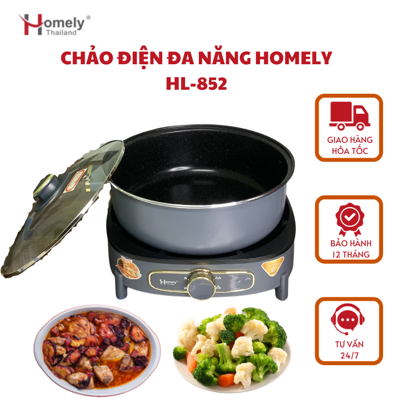 Chảo điện đa năng Homely công suất 1500W, nồi nấu lẩu, chiên, xào luộc hấp cỡ lớn dành cho gia đình Homely Thailand