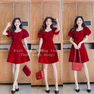 Đầm đi chơi thời trang nữ chất vải Umi màu đỏ tay ngắn phồng có đính cườm, có mút ngực,