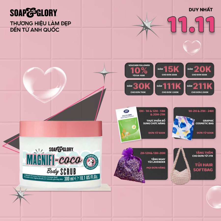 Tẩy da chết body Soap and Glory 300ml MAGNIFICOCO Body Scrub giúp dưỡng trắng da toàn thân, giảm mụn mờ thâm
