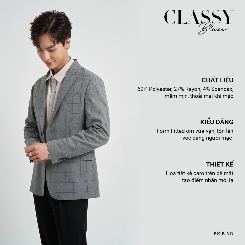 Áo khoác Blazer Nam Local Brand KRIK Form Fitted Thiết Kế Cổ Ve Vếch Họa Tiết Caro BL5504