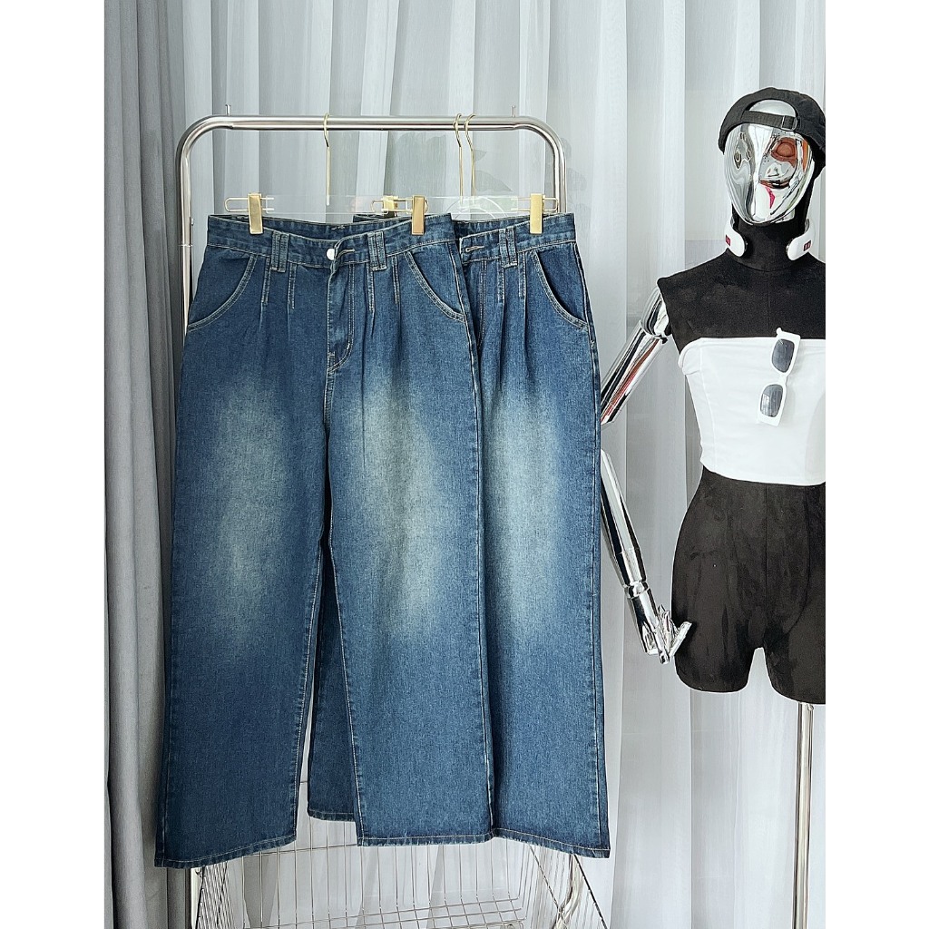 Quần jean Bigsize 55kg-85kg nữ ống rộng trơn, quần suông dài cạp cao form ngắn dài 98cm KiKaJeans MS192