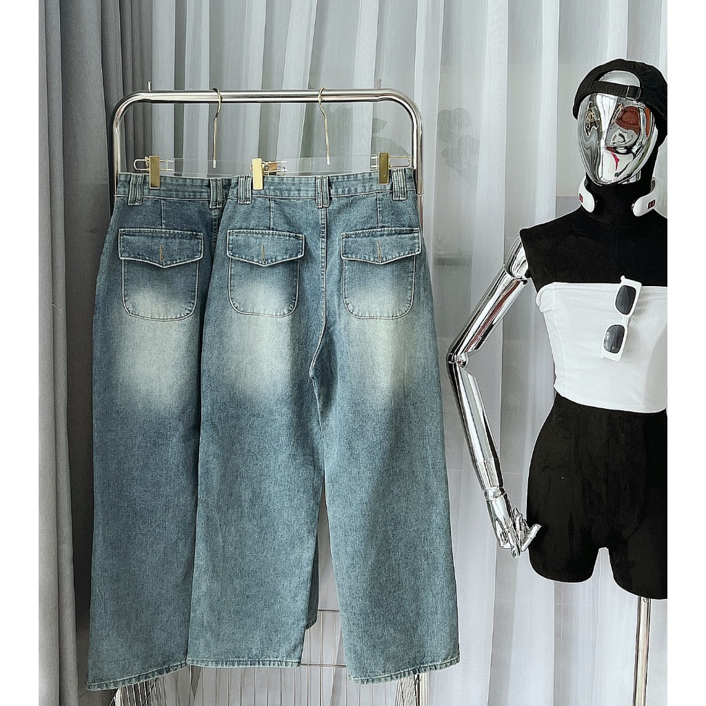 Quần jean Bigsize 55kg-85kg nữ ống rộng trơn, quần suông dài cạp cao form ngắn dài 98cm KiKaJeans MS192