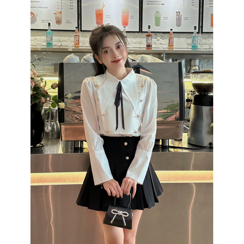 Áo sơ mi nữ trắng dài tay RONA SHIRT áo sơ mi trắng thiết kế chất thô mềm ít nhăn tặng kèm nơ chất cobe