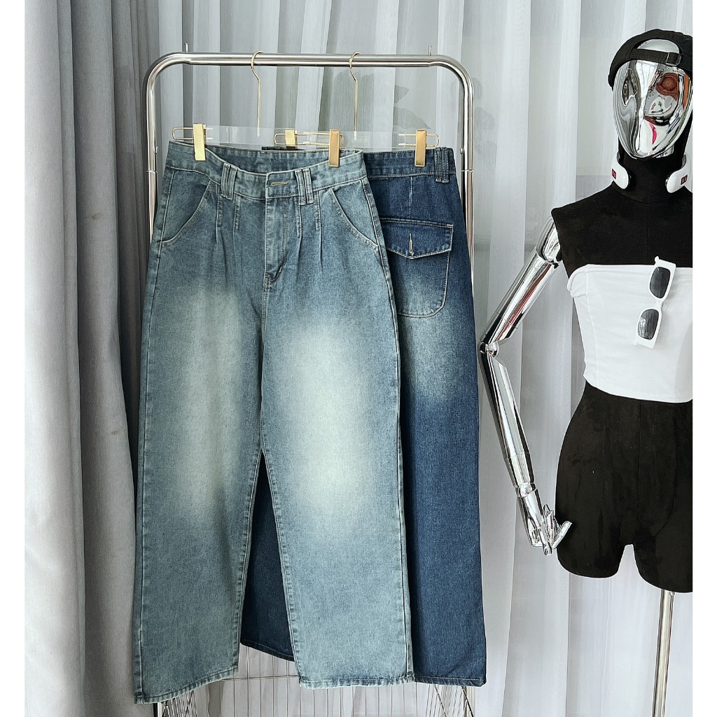 Quần jean Bigsize 55kg-85kg nữ ống rộng trơn, quần suông dài cạp cao form ngắn dài 98cm KiKaJeans MS192