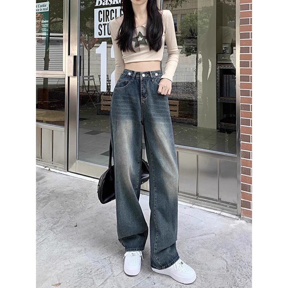 Quần jean Bigsize 55kg-85kg nữ ống rộng trơn wash phủ bụi, lưng cạp cao kiểu phong cách Ulzzang KiKaJeans MS193