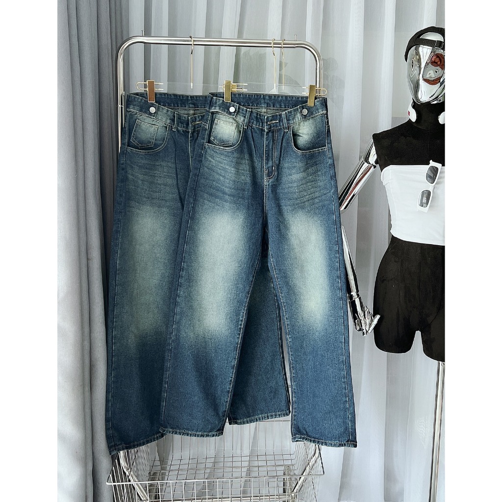 Quần jean Bigsize 55kg-85kg nữ ống rộng trơn wash phủ bụi, lưng cạp cao kiểu phong cách Ulzzang KiKaJeans MS193