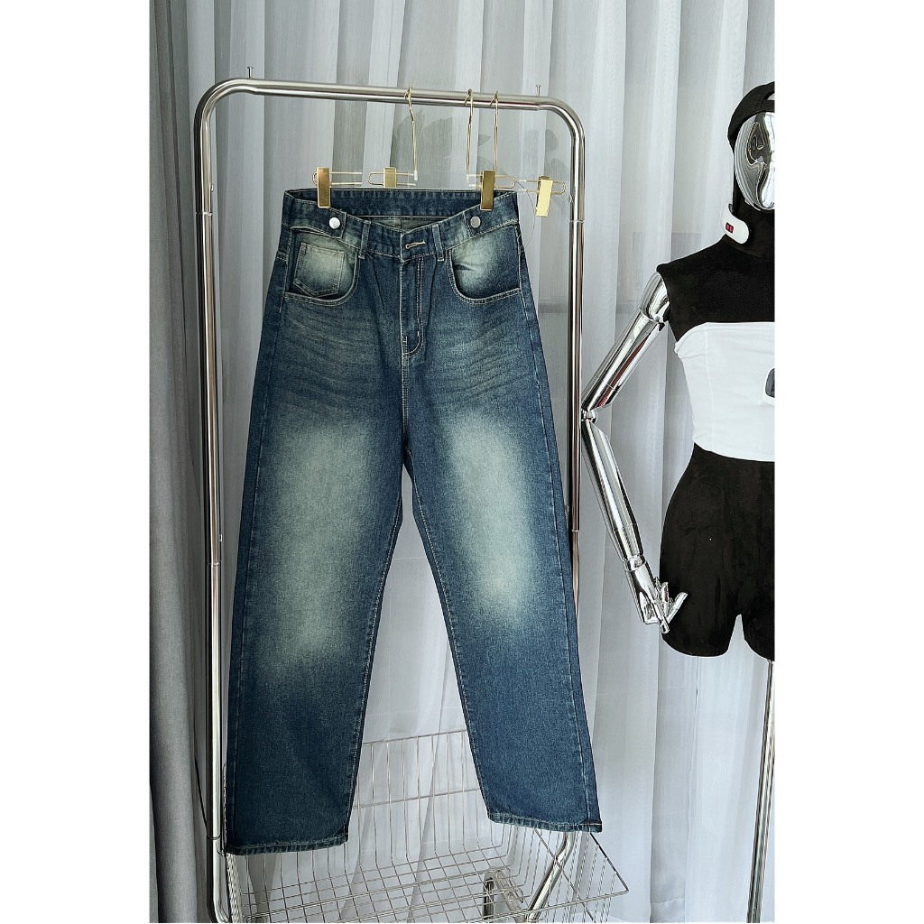 Quần jean Bigsize 55kg-85kg nữ ống rộng trơn wash phủ bụi, lưng cạp cao kiểu phong cách Ulzzang KiKaJeans MS193
