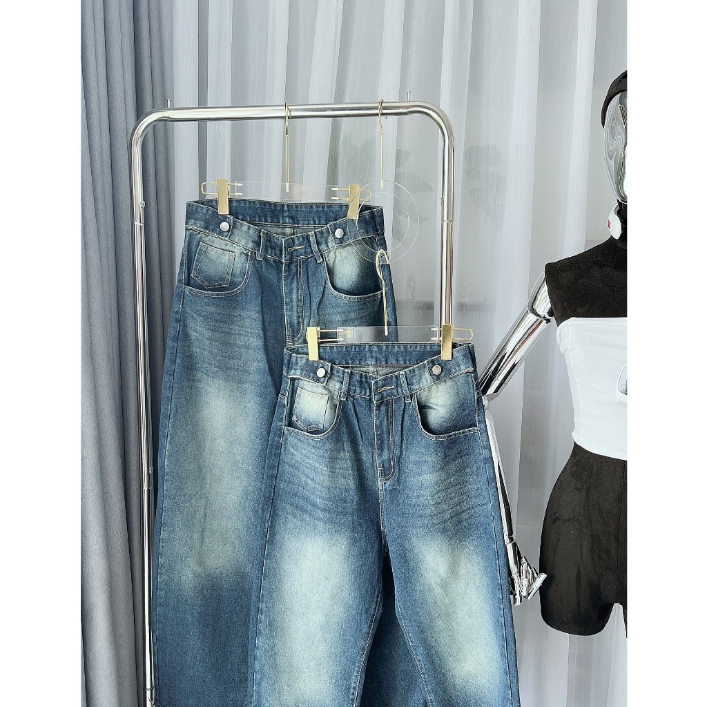 Quần jean Bigsize 55kg-85kg nữ ống rộng trơn wash phủ bụi, lưng cạp cao kiểu phong cách Ulzzang KiKaJeans MS193