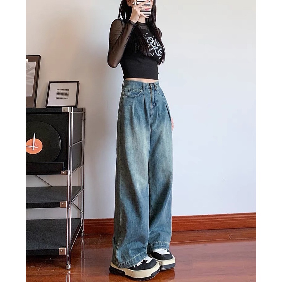 Quần jean Bigsize 55kg-85kg nữ ống rộng trơn, quần suông dài cạp cao form ngắn dài 98cm KiKaJeans MS192