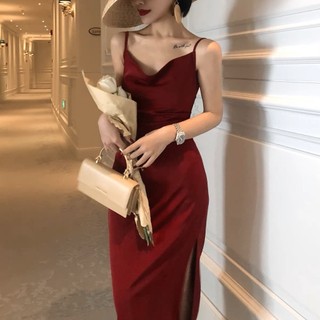 Váy lụa 2 dây Quảng Châu cao cấp xẻ tà cho nữ, Đầm lụa 2 dây cổ đổ xẻ tà cao cấp cho nữ
