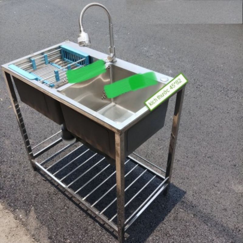 Thanh lý: Bồn rửa chén, chậu rửa bát đúc 2 ngăn lớn có chân Inox 304 giá rẻ Tphcm