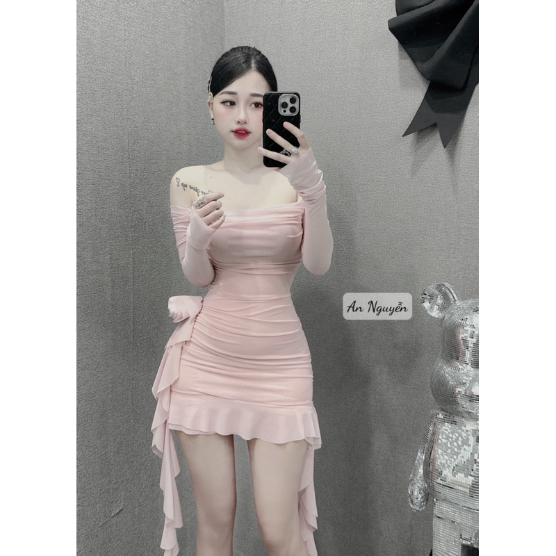 Đầm trễ vai tiểu thư vải lưới 2 lớp đính hoa hàng loại 1 kèm video cận chất