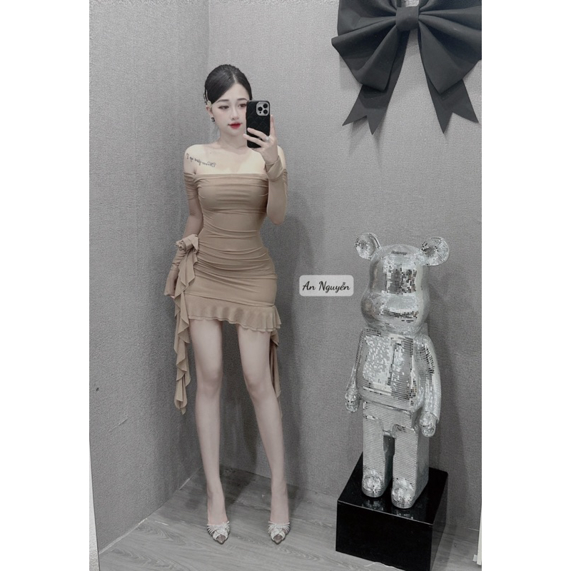 Đầm trễ vai tiểu thư vải lưới 2 lớp đính hoa hàng loại 1 kèm video cận chất