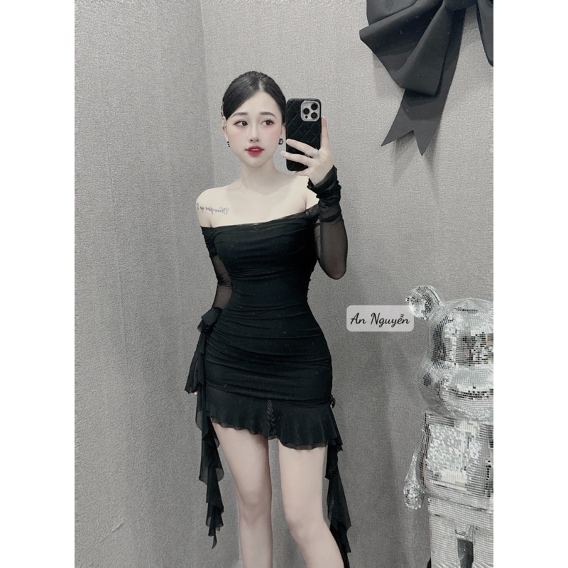 Đầm trễ vai tiểu thư vải lưới 2 lớp đính hoa hàng loại 1 kèm video cận chất