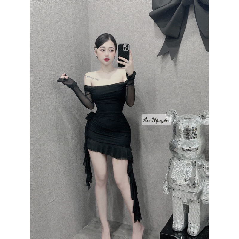 Đầm trễ vai tiểu thư vải lưới 2 lớp đính hoa hàng loại 1 kèm video cận chất