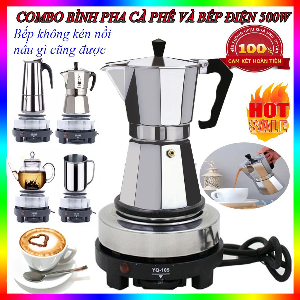Combo Bình pha cà phê thẩm thấu ngược kiểu moka Ý 300ml và bếp điện mini không kén nồi