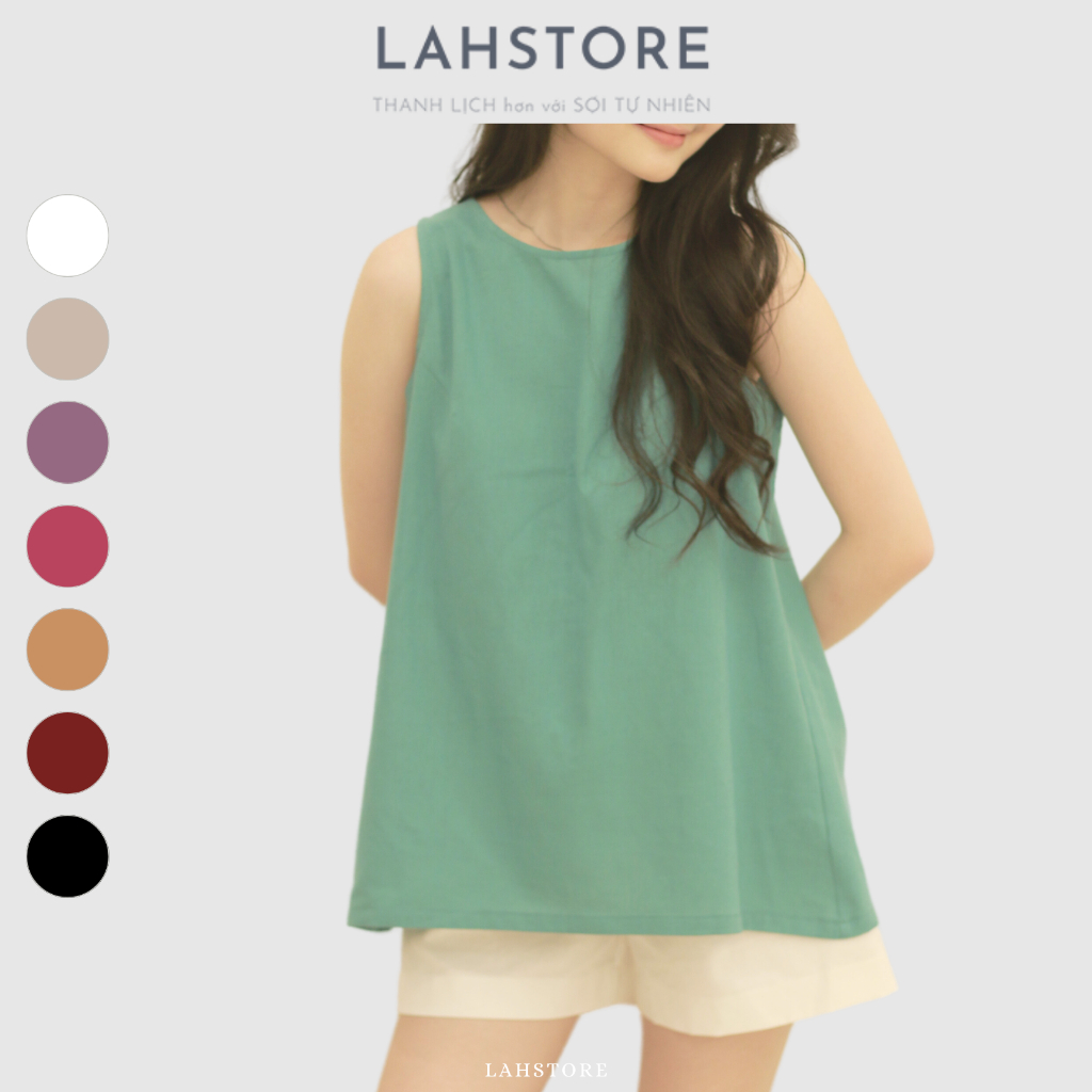Áo sát nách nữ dáng yếm LAHSTORE vải linen bột premium, lưng xẻ sâu, cúc gỗ (Xanh Mint)