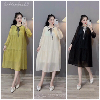 Váy bầu thu đông dài tay cổ viền đen buộc nơ B011