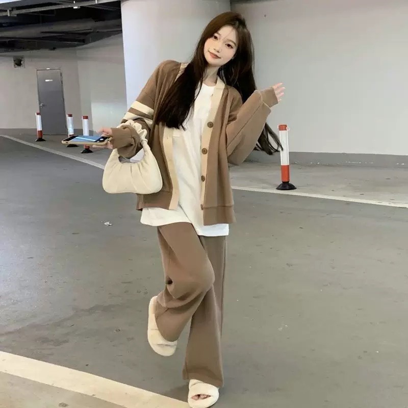 Bộ Đồ Thu Đông Nữ Áo Cardigan Viền Tay Kèm Quần Suông Dây Rút Dáng Dài Phong Cách Hàn Quốc